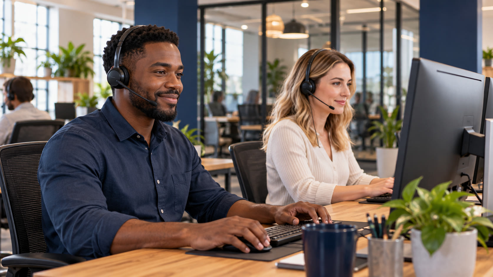 Illustrative Black and white customer support agents working with headsets