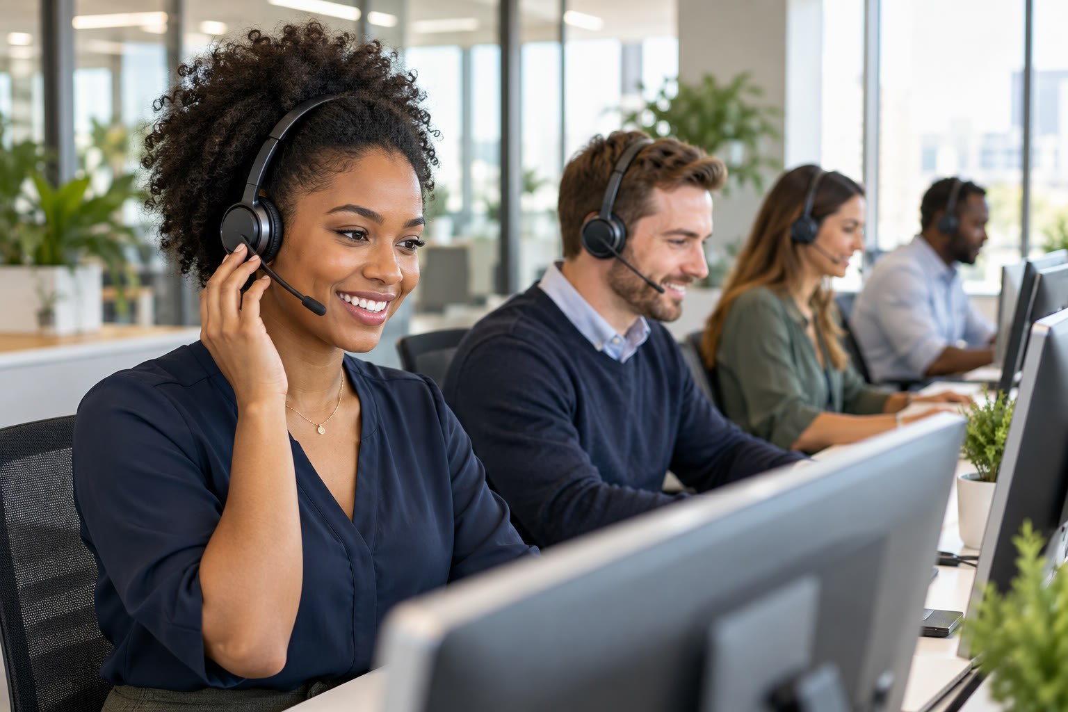 Illustrative diverse customer support team wearing headsets in a modern office